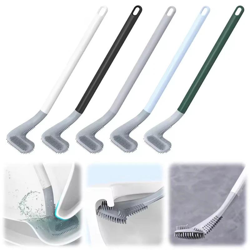 Cepillo de silicona para limpieza de inodoros con mango largo, gancho de pared para baño, limpiador de inodoros de cuclillas, removedor de suciedad para espacios estrechos del WC.