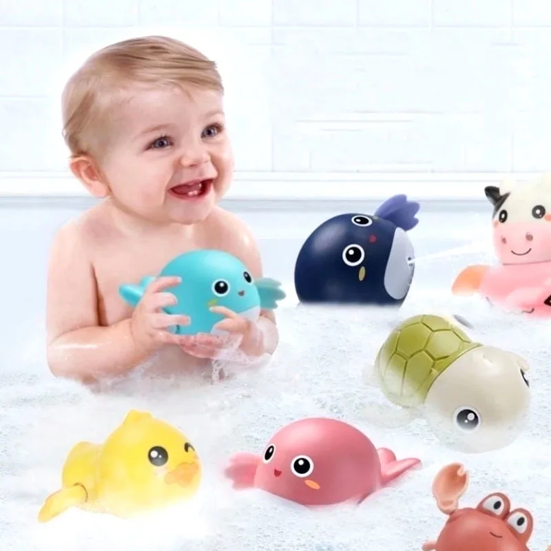 New Baby Bath Toys Swimming Pool Bathing Ducks Cartoon Animal Whale Crab Chain Clockwork Water Toys For Infant 12 24 Months