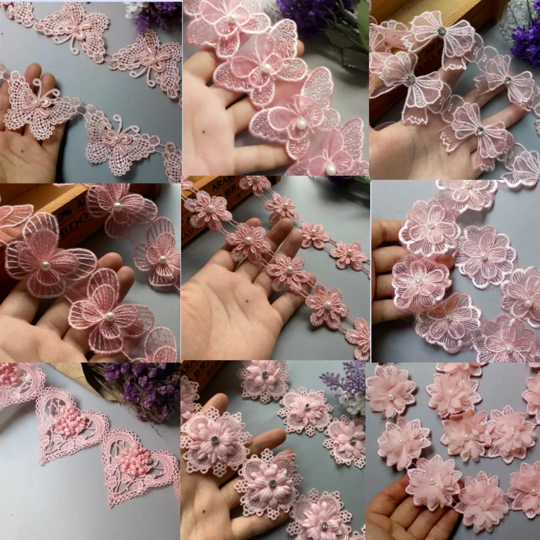 10Pcs/Lot Pink Bowknot Pearl Embroidered Lace Trim Fabric Lace Ribbon Handmade DIY Sewing Supplies Craft For Clothes Decoration