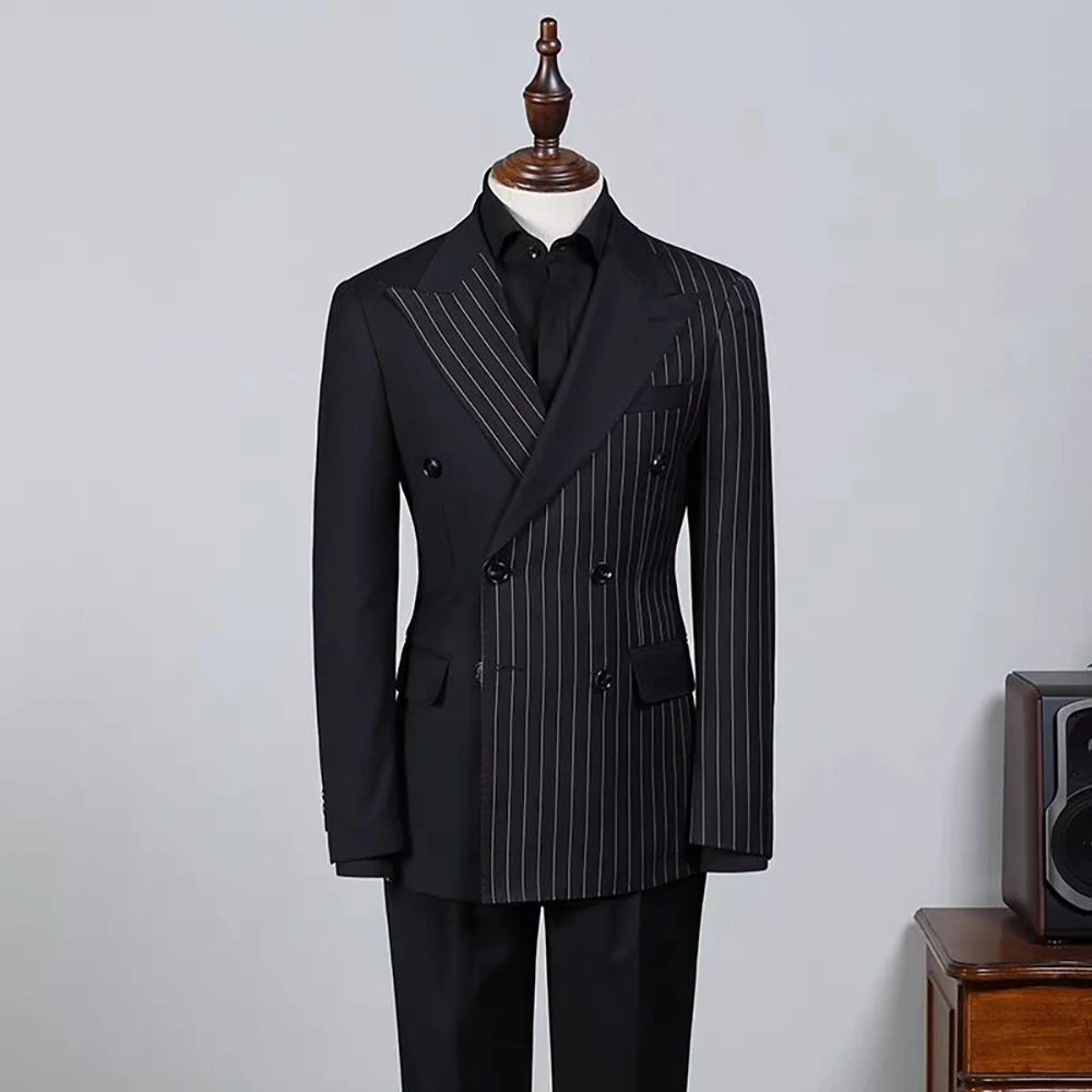 New Fashion Men Suits Navy Blue Vertical Stripes and Solid Color Stitching Custom Male Suit Business Wedding Slim Fit 2 Piece