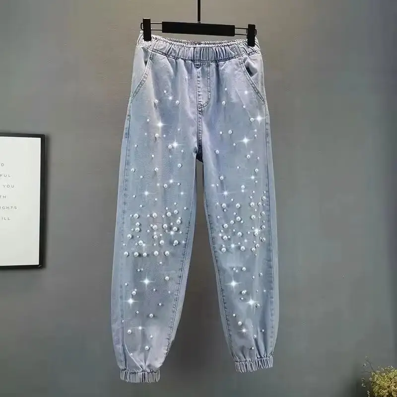 

Women's Bound Feet Jeans Spring Summer Fashion Temperament Ladies Cowboy Pants Loose Elastic Waist Harun Trousers JJ34