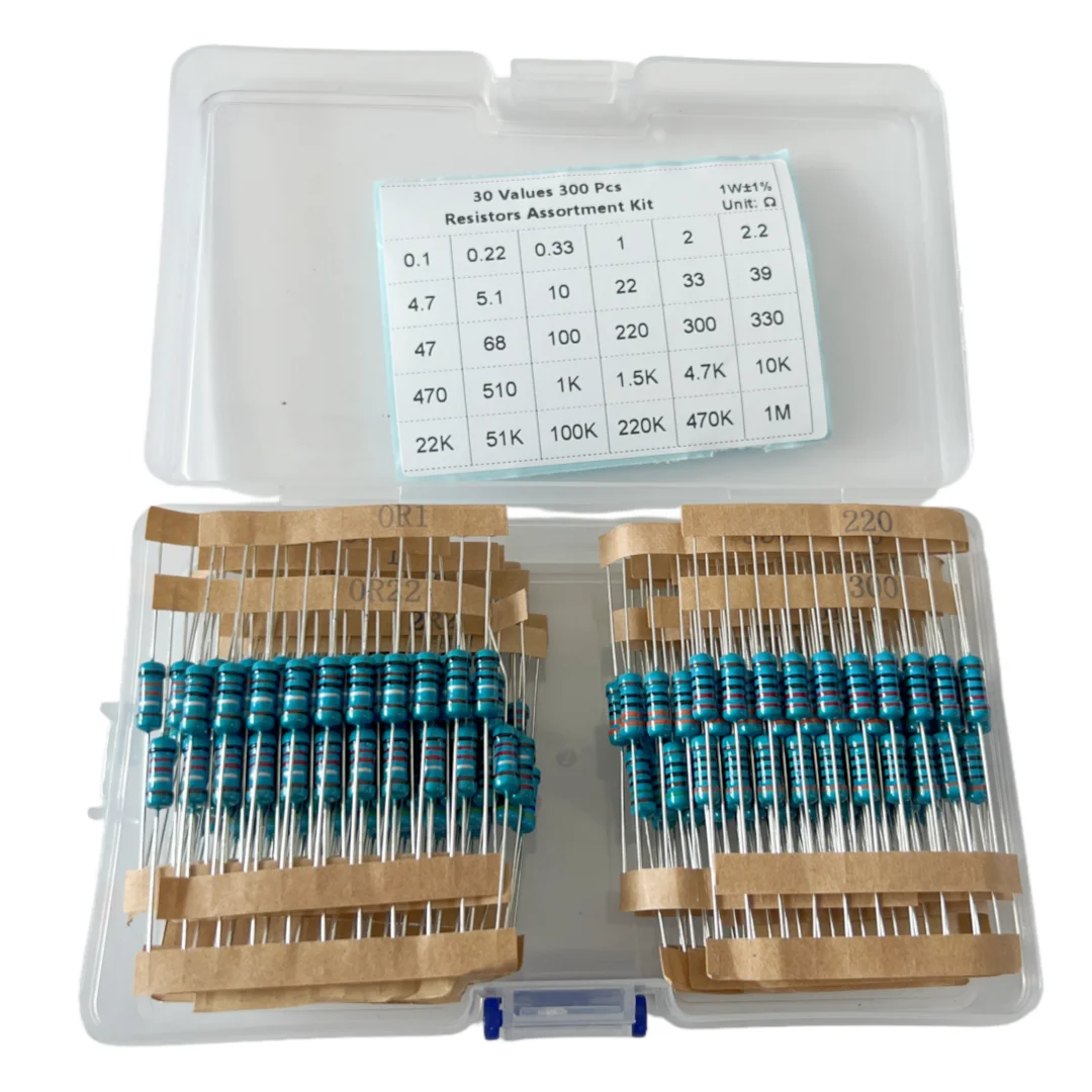 1-W-Metallschichtwiderstände mit 1 % Genauigkeit, häufig verwendete Kombination aus 30 Typen, jeweils 10 Stück, insgesamt 300 Stück.