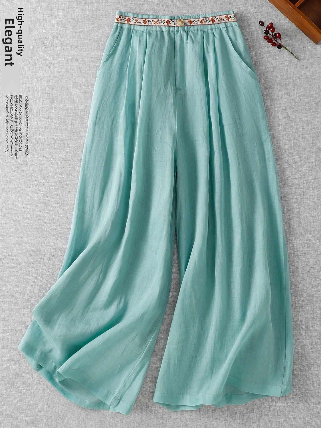 Ele ارتفاع الخصر المطرزة القطن الكتان بنطال ذو قصة أرجل واسعة المرأة الصيف خفيفة الوزن التخسيس فضفاضة يشعر تسع نقاط مستقيم C...