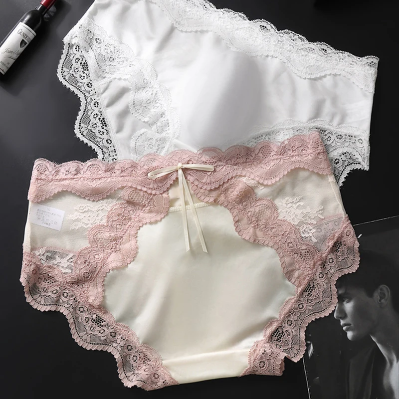 Men's Sexy Lace Thin Briefs French Satin Bow Seamless 3D Pouch Panties Male Ice Silk Breathable Quick Drying Elastic Underwear
