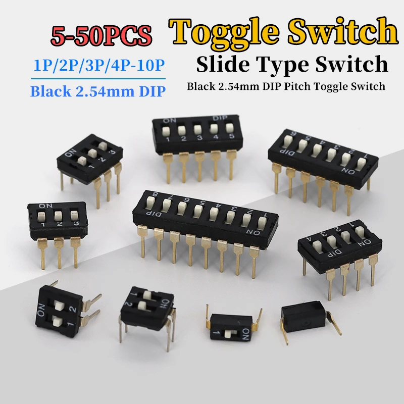 5/20/50Pcs Direct Insertion DIP Switch Toggle 2.54mm Black Gold Plated Pin 1P/2P/3P/4P/5P/6P/8P 2.54MM Spacing