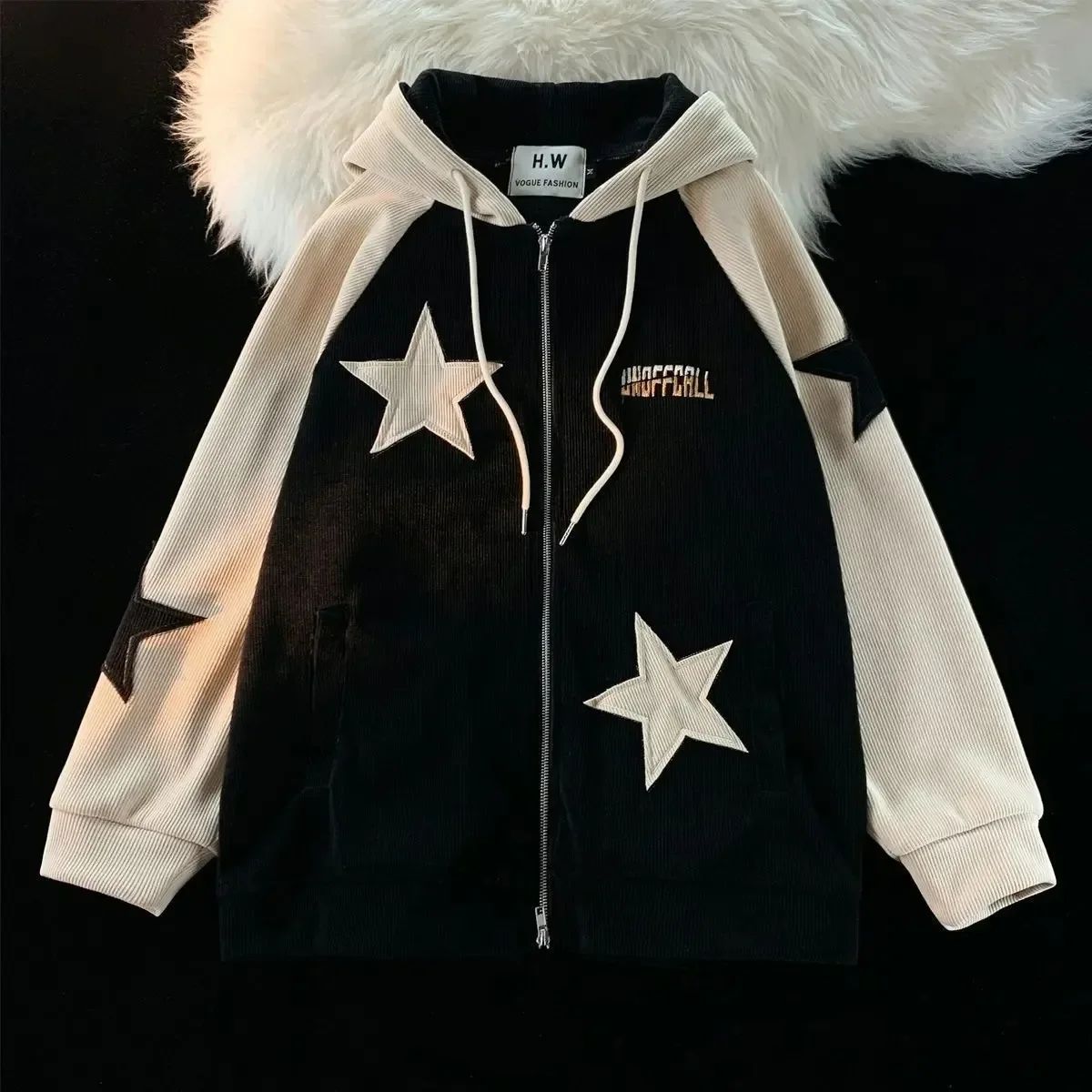 American Retro Corduroy Star Splicing Zipper Sweater Sports Leisure Jacket Men and The Same Style Y2k Clothes  Hoodies Women