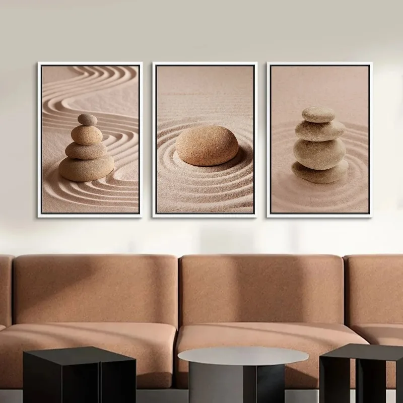 3 Piece Frameless Canvas Wall Art Set, Tan Massage Stone Photography, Minimalist Modern Wall Art, Neutral Zen Home Decor