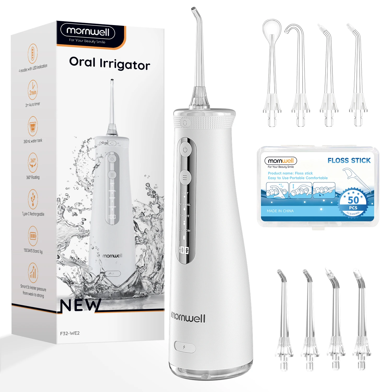 Mornwell Water Dental Flosser Teeth Pick: Portable Cordless Oral Irrigator 270ML Rechargeable Cleaner IPX7 Waterproof F32(F5032)