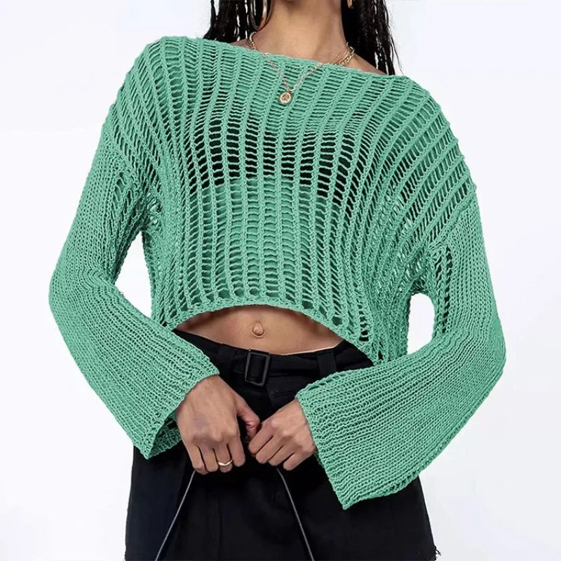 2024 Spring/Summer Knitted Shirt Women's Hooked Cover Up Off Shoulder Hollow Women's Knitted Knitted Shirt SFC8-3