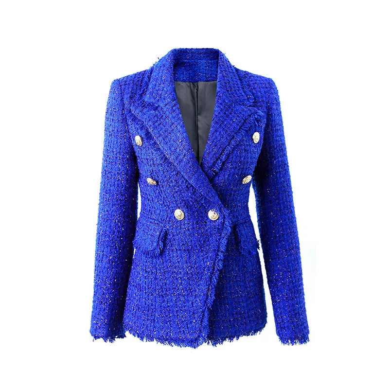 

2025 The new small fragrance style celebrity bright silk tweed white blue double-breasted slim suit jacket