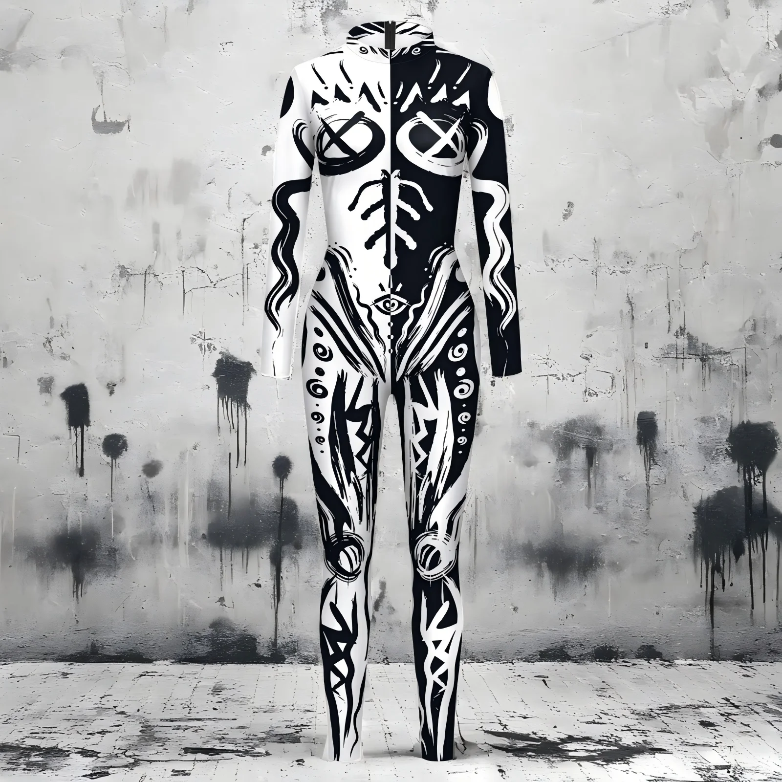 

Graffiti Geometric Cosplay Costume Halloween Performance Long Sleeve Jumpsuit Woman Black White Bodysuit Carnival Party Outfits