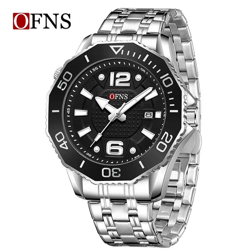 OFNS quartz watch men's casual waterproof three-dimensional scale calendar watch rotatable outer ring luminous watch