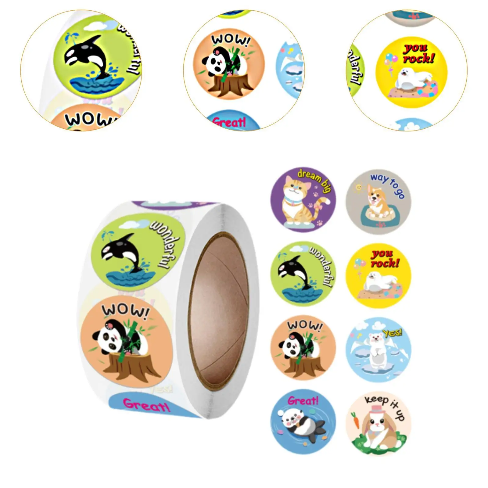 500Pcs Round Animal Stickers Decoration Stickers Birthday Gift Removable 1'' Reward Stickers Stickers Roll for Children Home