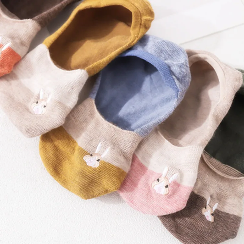 Women Socks Summer Harajuku Embroidered Ladies Boat Sock Striped Casual Cartoon Rabbit Female Breathable Invisible Socks
