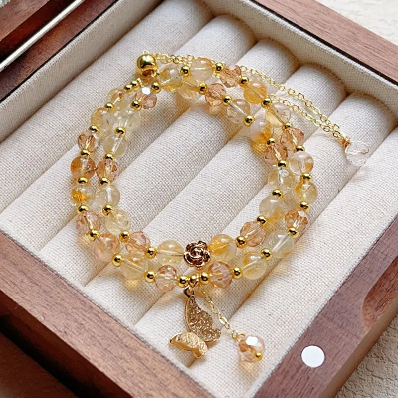 Lucky New Style Natural Citrine Bracelet Hand String For Girls Double Layer Yellow Tower Crystal Butterfly Tassel Niche High-End