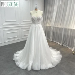 Ivory Lace Appliques Tulle A-Line Wedding Dresses Chapel Train Custom Made Floor-Length Sweetheart Bridal Gowns