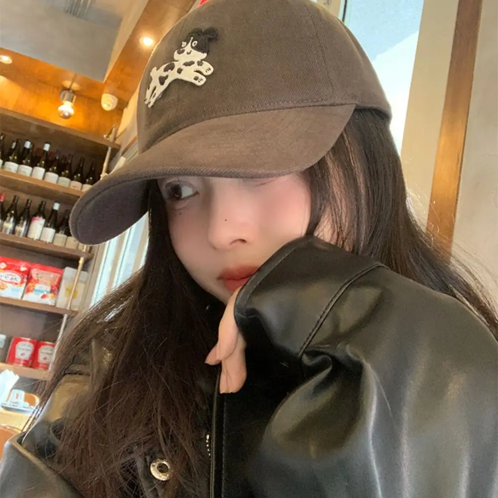 

Sweet Spotted Puppy Embroidery Baseball Cap Bow Cotton Sun Hat Sunscreen Korean Style Peaked Cap Sports