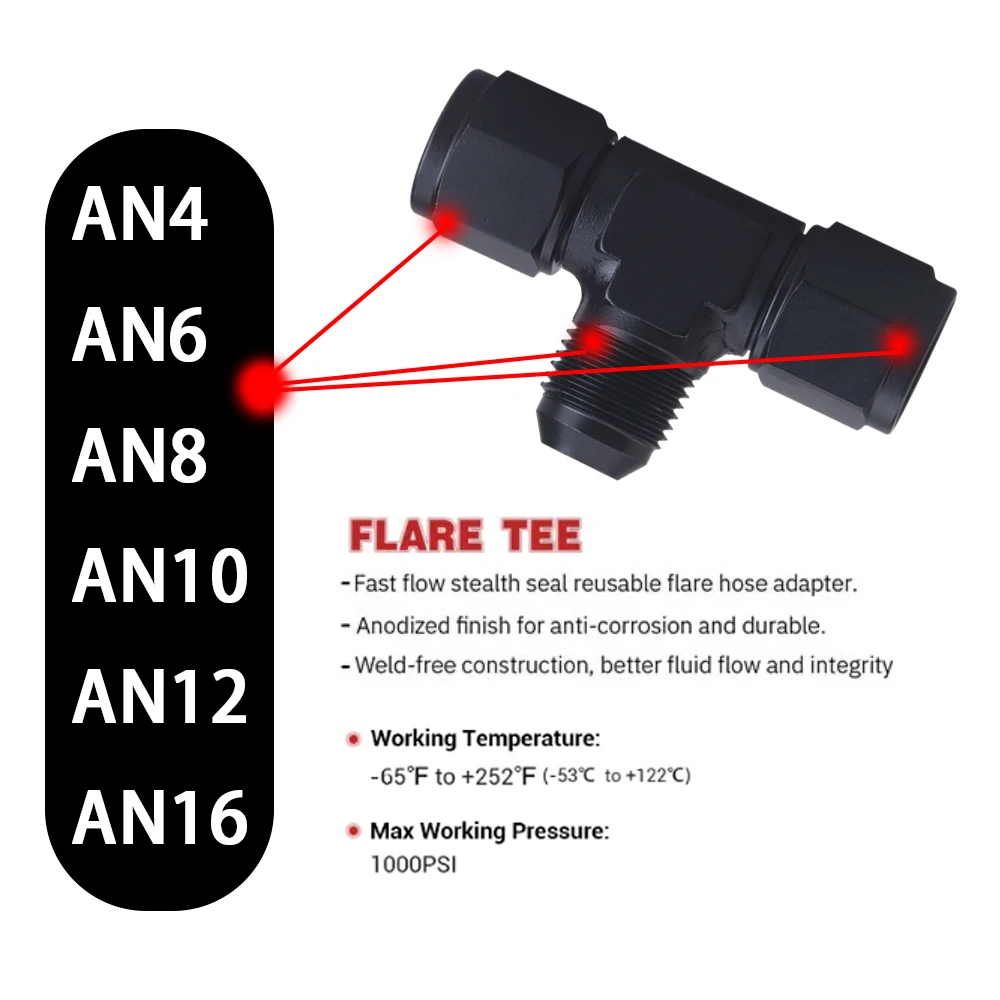 Aluminum Flare Tee Fitting, AN6, AN8, AN10, AN12, fêmea, macho, Tee no lado, rosca, água, gás, óleo, acessórios de adaptador, 1 pc