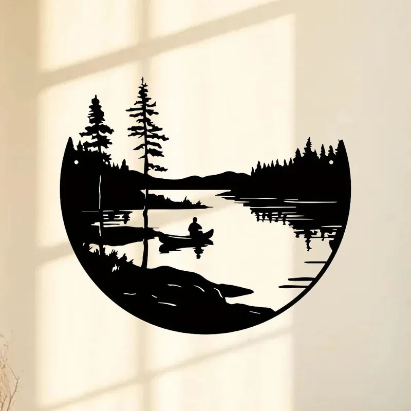 Runde Wandkunst aus Metall, 1-teilig, Bohemian-Stil, malerische See- und Bergsilhouette, Outdoor-Skulptur für Zuhause und Terrasse
