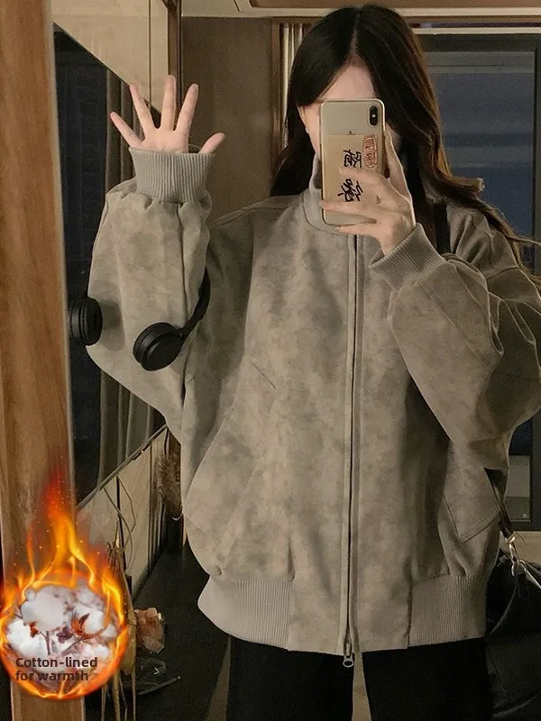 

Хлопковая бейсбольная куртка больших размеров в американском стиле ретро, женская свободная повседневная куртка с воротником-стойкой, осенне-зимняя верхняя одежда