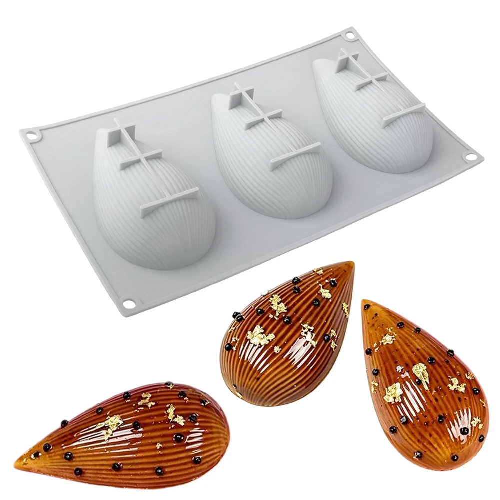 3-Cell Striped Shell Design French Mousse Cake Mold Creative Easter Egg Silicone Chocolate Mould Food Grade Dessert Tools - view 3