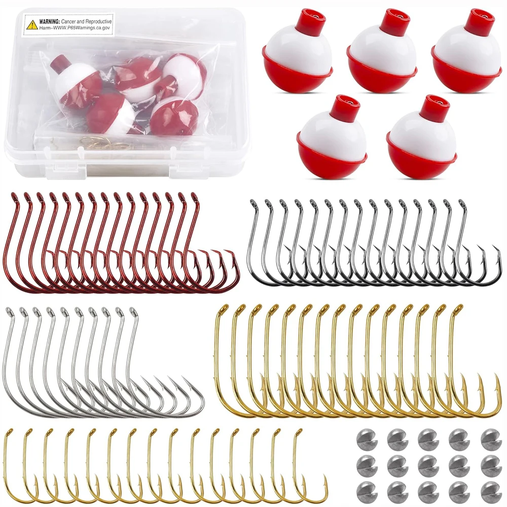 90Pcs Fishing Hooks Bobbers Fishing Tackle Kit Fishing Gear Box Fishing Equipment Starter Kit for Bass Trout Panfish Fishing