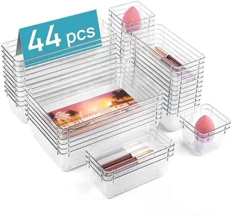 

Vtopmart 44-Piece Clear Plastic Drawer Organizers – 4 Sizes, Non-Slip Storage Trays for Makeup, Jewelry, Kitchen & Office
