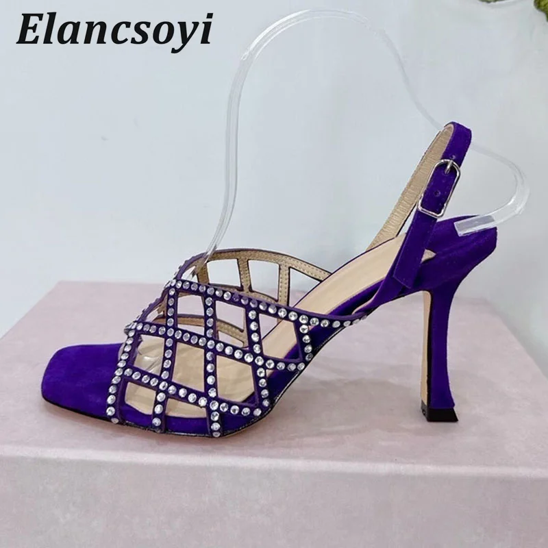 Summer Sandals Women's Bling Rhinestone Hollow Outs Square Toe Thin High Heels Sandalias Fashion Banquet Dress Shoes 2026