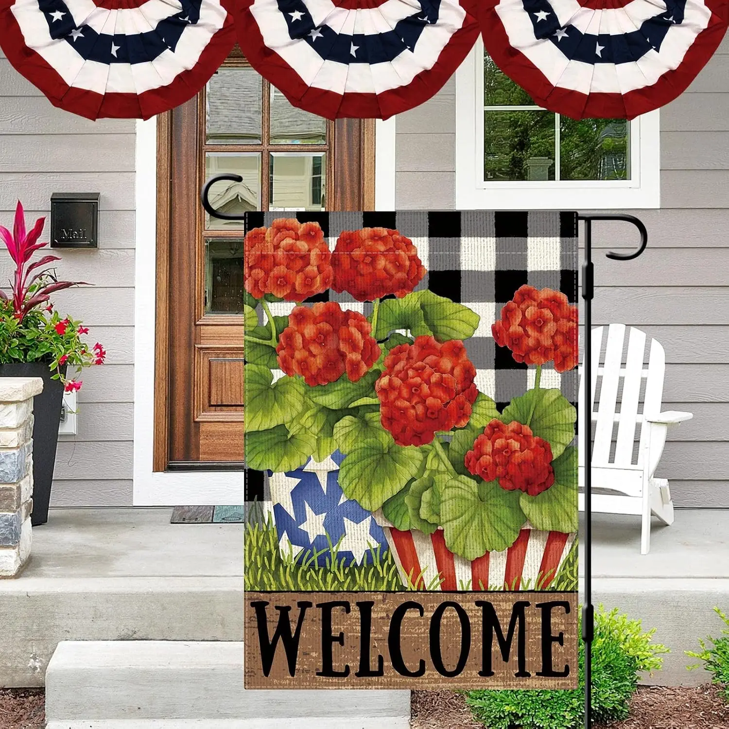 DLZDN Welcome 4th of July Geranium Patriotic Garden Flag 12x18 Inch Vertical Double Sided Red Flowers Yard Outside Decorations M