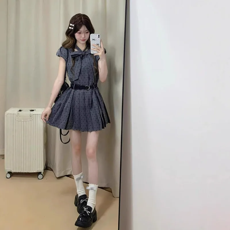 French Gray Polka Dot Small Flying Sleeve Dress Children's Summer 2025 New Small Fresh and Sweet Short Dresses Women's Clothing