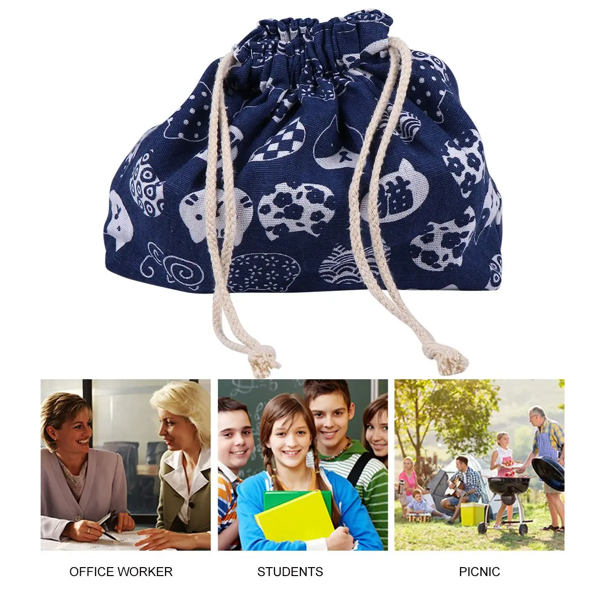 

Japanese Style Bento Bag Lightweight Insulated Cotton Linen Blue Drawstring Lunch Tote Picnic Office Use Food Container Holder