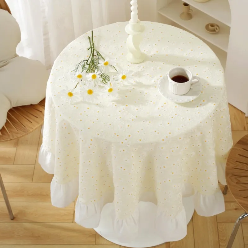 

Table Cloth Round Flower Jacquard Pastoral Style Table Cover with Ruffle Diameter 150cm Simple Farmhouse Anti-stain Tablecloth