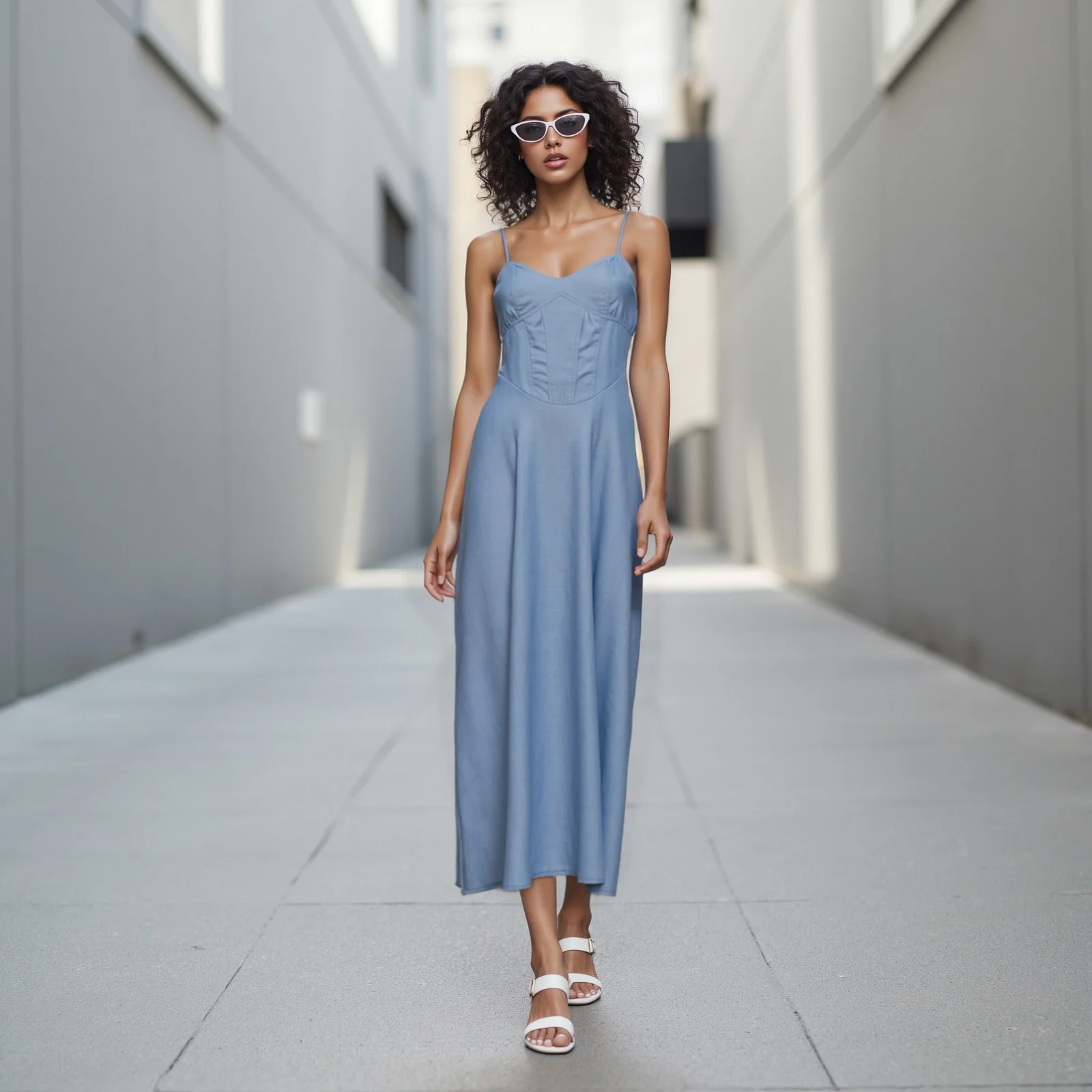 Abito lungo in denim da donna, senza maniche, con cinturino per spaghetti, smock sul retro, abito da vacanza