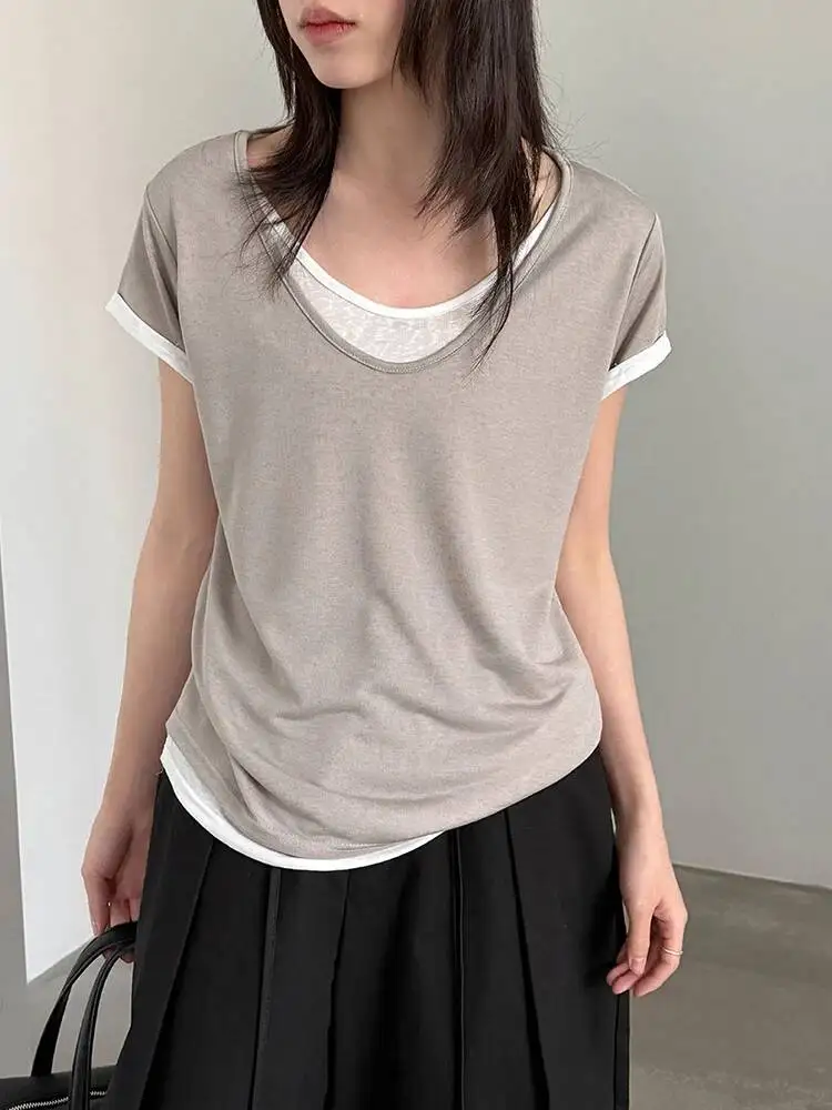 Women Yellow Brief Color-block Big Size T-shirt New Round Neck Short Sleeve Fashion Tide Spring Summer