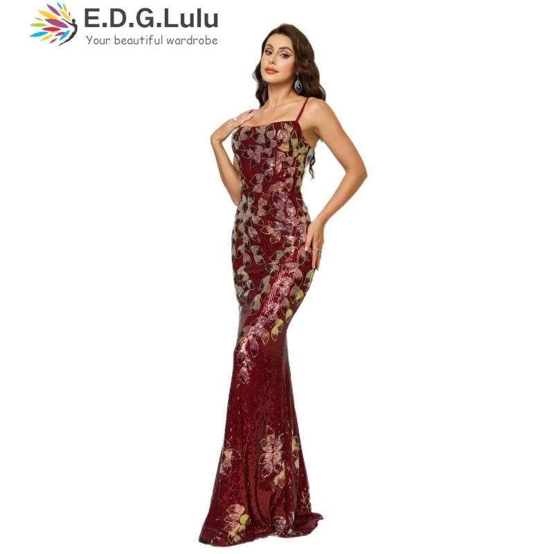 EDGLuLu Abito di lusso rosso floreale con paillettes senza maniche con colletto quadrato 2025 Abiti lunghi a sirena sexy con eleganza senza schienale 0625