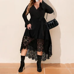 2024 Retro Elegant Women's Long Evening Dress Sexy V-neck Long Sleeve Lace Stitch Irregular Hem Bodycon Dress Plus Size Winter