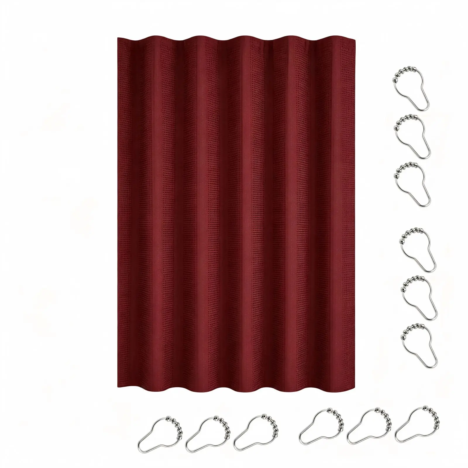 1 Pc Wine Red Weave Shower Curtain with 12 Hooks, Waterproof Waffle Shower Curtain, Solid Color Shading Curtain for Bathroom