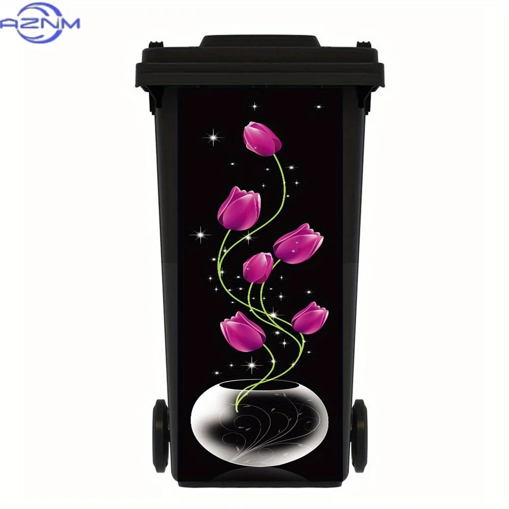 1pc Tulip Art Flower Theme Trash Can Stickers, Decoration Wallpaper Self-adhesive PVC Plants Decal Rubbish Bin Sticker