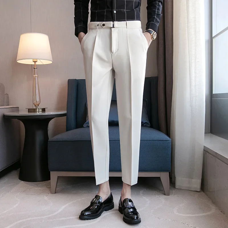 

Formal Pants Men's Fashion British Solid Slim Casual Suit Pants Off White Khaki High Quality Office Social Cropped Trousers