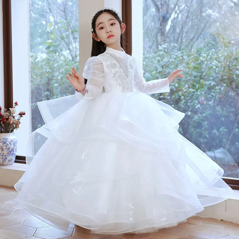 

2023 Kid Dress for Girls Luxury Flower Clothing Girl White Dresses With Train Children Performance Elegant Kids Long Vestidos