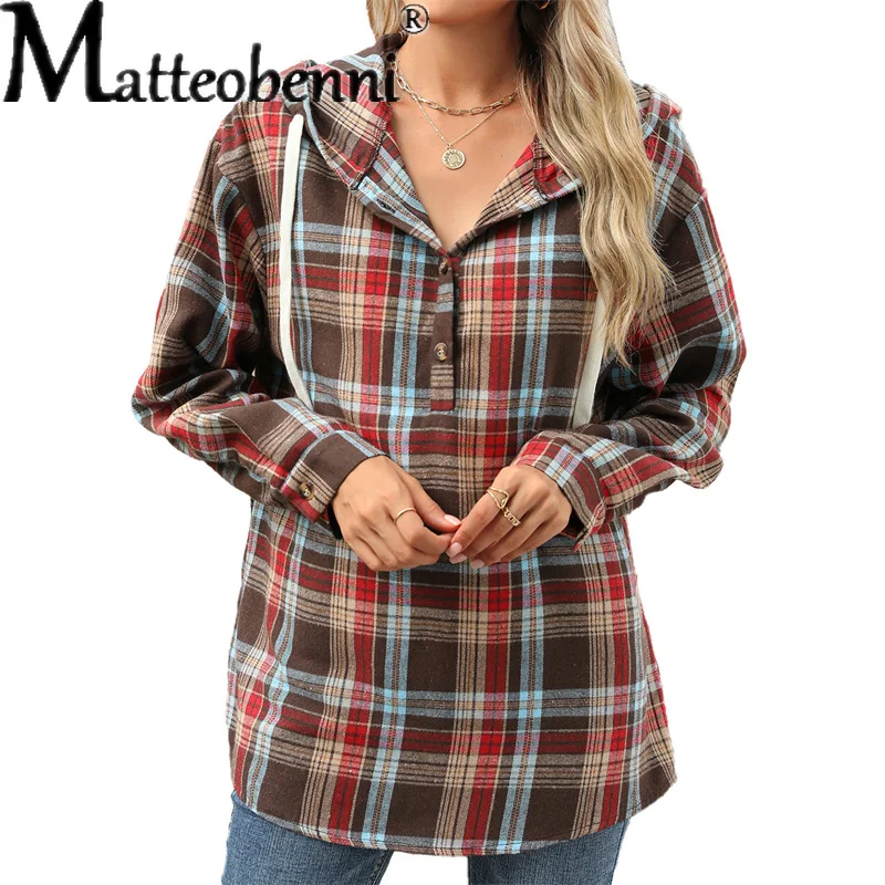 

2025 Fashion Casual Plaid Hoodie Woman Loose Autumn Winter Sweatshirts Women's Coat Long Sleeve Cozy Vintage Top Lady Streetwear