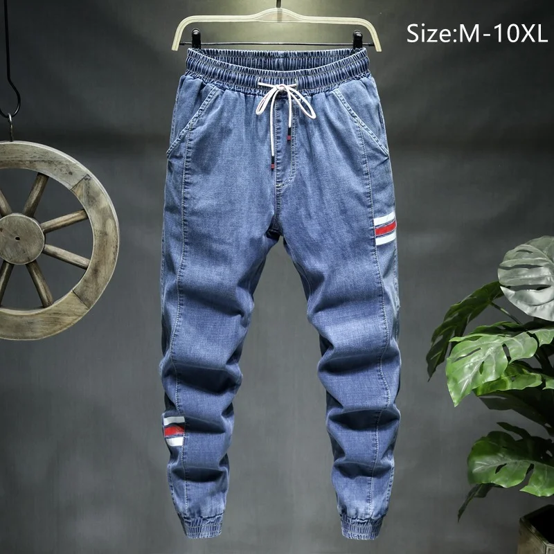 

Brand men's plus size stitching jeans fashion casual elastic waist lace-up harem pants blue black gray 7XL 8XL 9XL 10XL