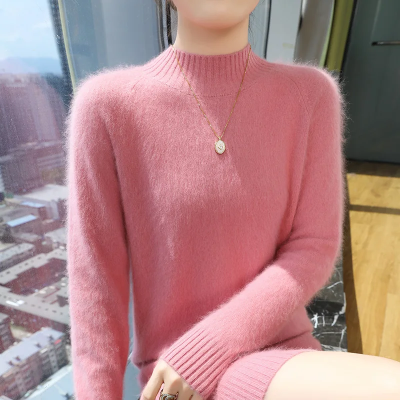 

100% Pure Mink Cashmere Knit Dress Women's Semi-High Collar Loose Long Skirt Casual Warm Long Sleeve Sweater Autumn Joker Dress