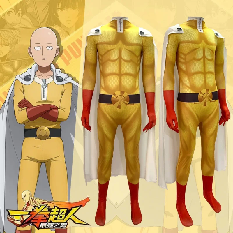 

Anime One-Punch Man Cosplay Costume Jumpsuit Cape Combat Suit Halloween Tights Saitama Cosplay Costume