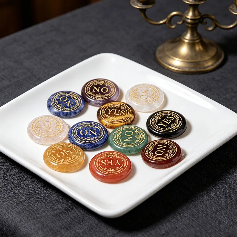 Wishing Stone Dual Side YES or NO Round Crystal Golden Engraved Decision Coin Natural Agate Fun Game Gemstone Prop Decor Gifts