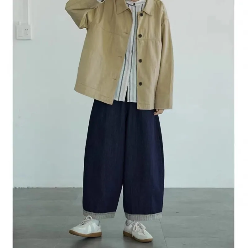 Johnature Striped Color-blocking Splicing Harem Jeans For Women New Spring Autumn Style Elastic Waist Cotton Loose Long Pants