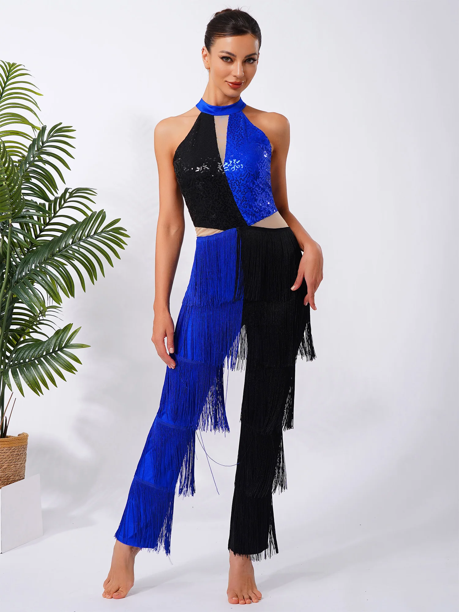 Mulheres latina 70s disco peito brilhante lantejoulas borla franja calças compridas contraste cor uma peça macacão bodysuit dancewear