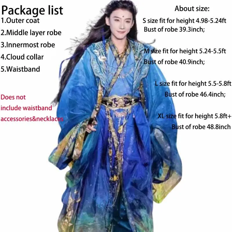 Chinese Hanfu Robe For Men Gradient Embroidered Print Blue Gown Stage Performance Carnival Cosplay Costume For Women