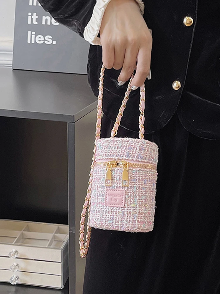 Fashion Mini Bucket Bag Women Autumn Tweed Plaid Print Flap Chain Crossbody Bags and Purse Female Phone Pack Small Square Bags