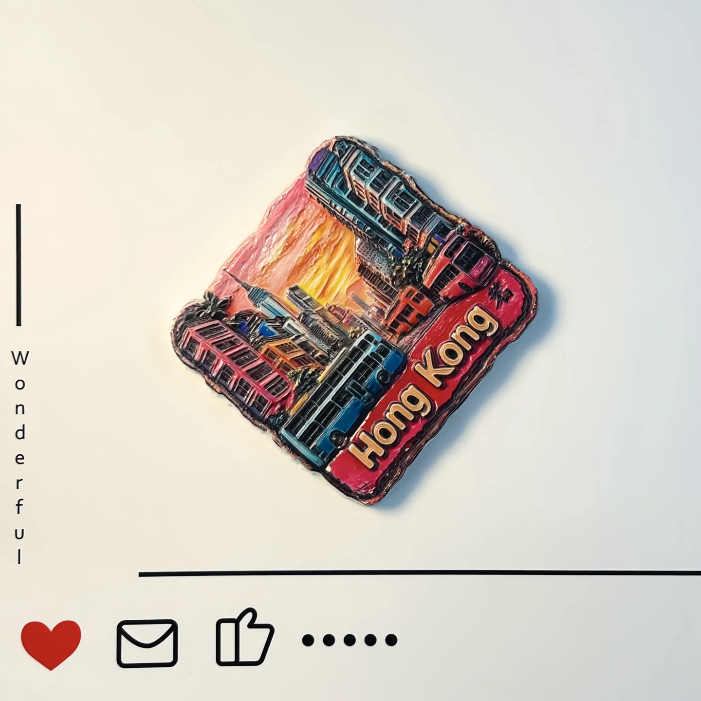 China, Hong Kong, bustling cities, tourist souvenirs, double decker buses, distinctive high aesthetics, refrigerator stickers